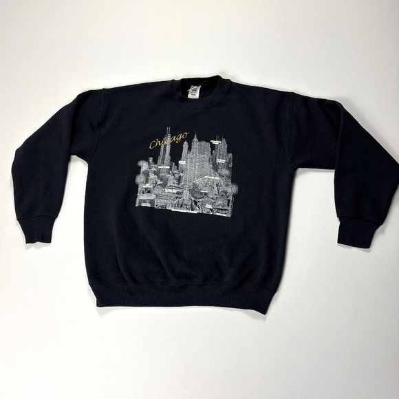 Vintage Chicago Crewneck Sweatshirt Black FOTL Sz L City Skyline Tourist - Picture 1 of 6